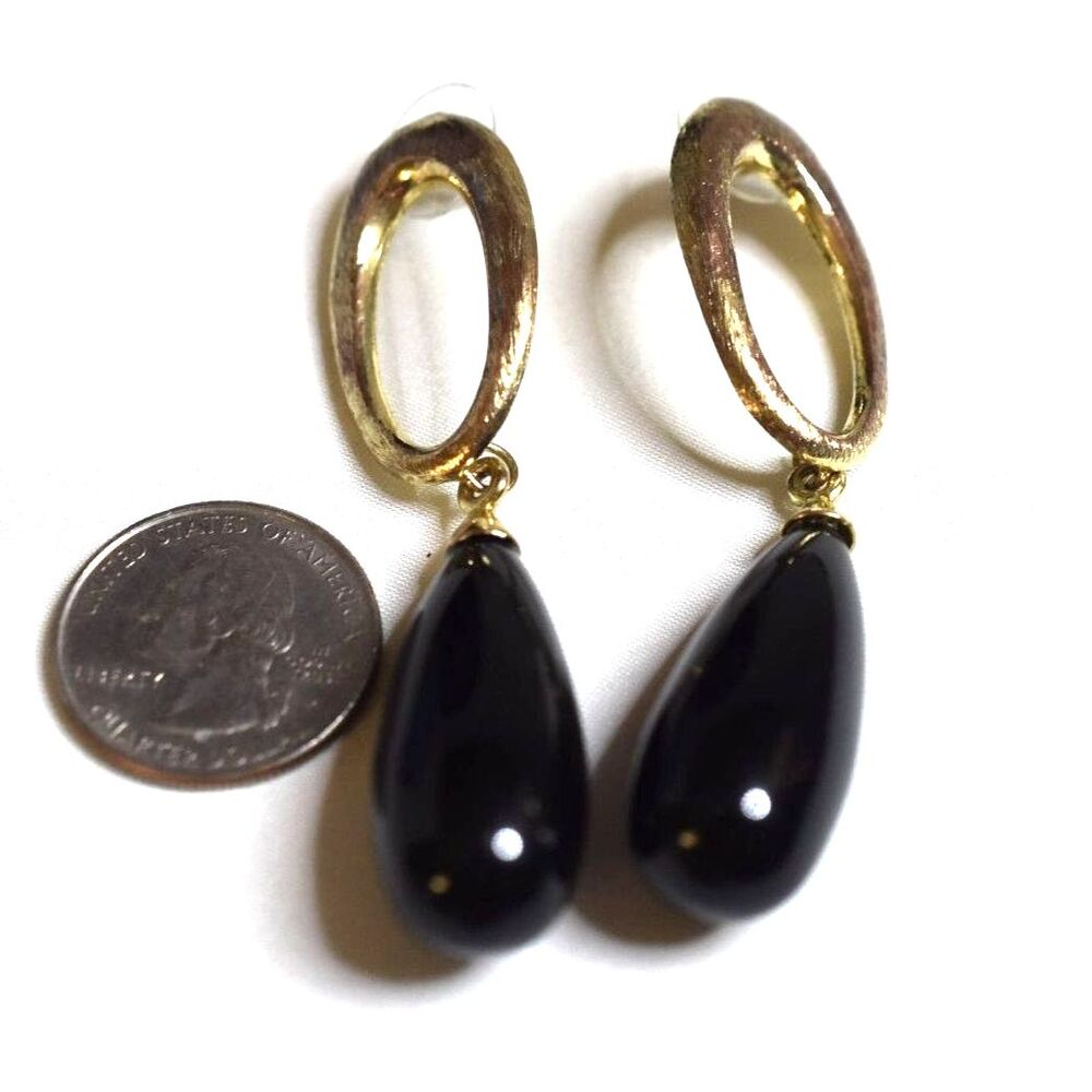 Vtg Black Onyx Like Teardrop Beads Gold Tone Textured Accent 3" Stud Earrings